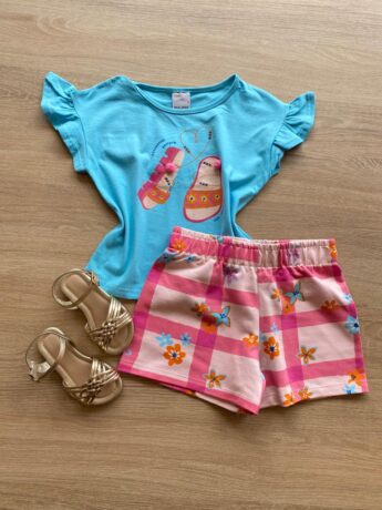 Conjunto Infantil Feminino Blusa Azul com Pompom e Short Estampado Fernanda Ramos Kids