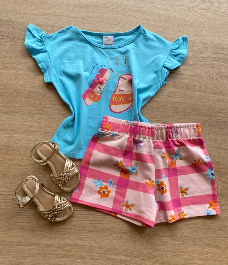 Conjunto Infantil Feminino Blusa Azul com Pompom e Short Estampado Fernanda Ramos Kids