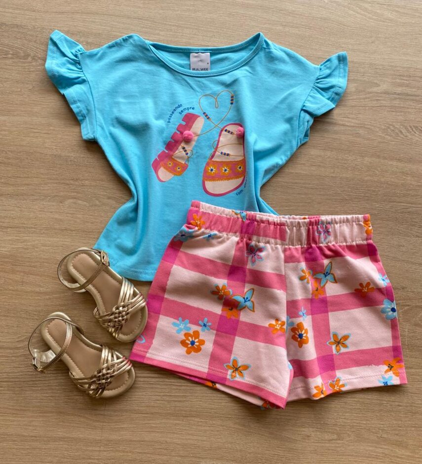 Conjunto Infantil Feminino Blusa Azul com Pompom e Short Estampado Fernanda Ramos Kids