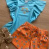 fernandaramoskids com br Conjunto Infantil Feminino Blusa Azul e Short Laranja Estampado1