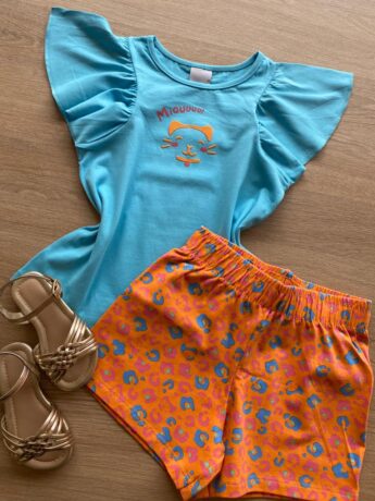 fernandaramoskids com br Conjunto Infantil Feminino Blusa Azul e Short Laranja Estampado1