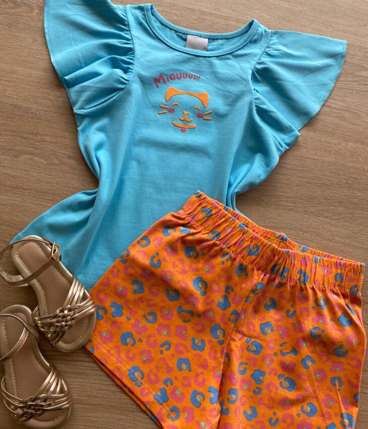 fernandaramoskids com br Conjunto Infantil Feminino Blusa Azul e Short Laranja Estampado1