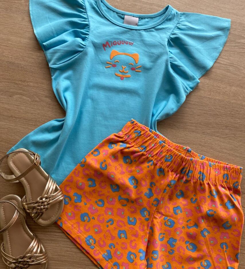 fernandaramoskids com br Conjunto Infantil Feminino Blusa Azul e Short Laranja Estampado1