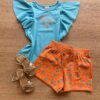 Conjunto Infantil Feminino Blusa Azul e Short Laranja Estampado Fernanda Ramos Kids