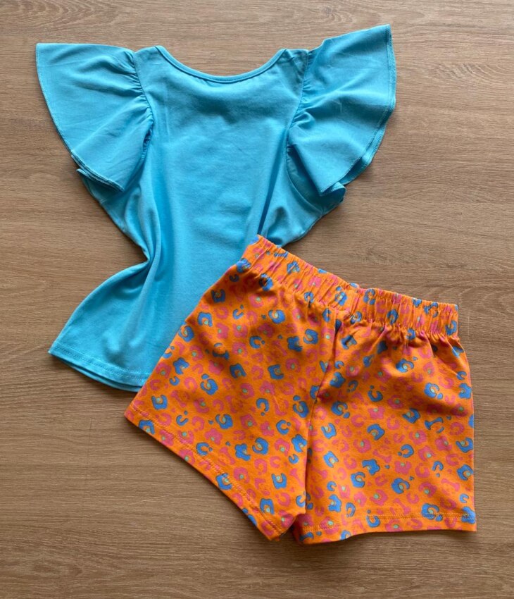 fernandaramoskids com br Conjunto Infantil Feminino Blusa Azul e Short Laranja Estampado2