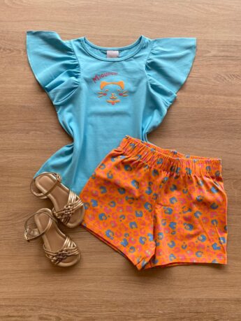 Conjunto Infantil Feminino Blusa Azul e Short Laranja Estampado Fernanda Ramos Kids