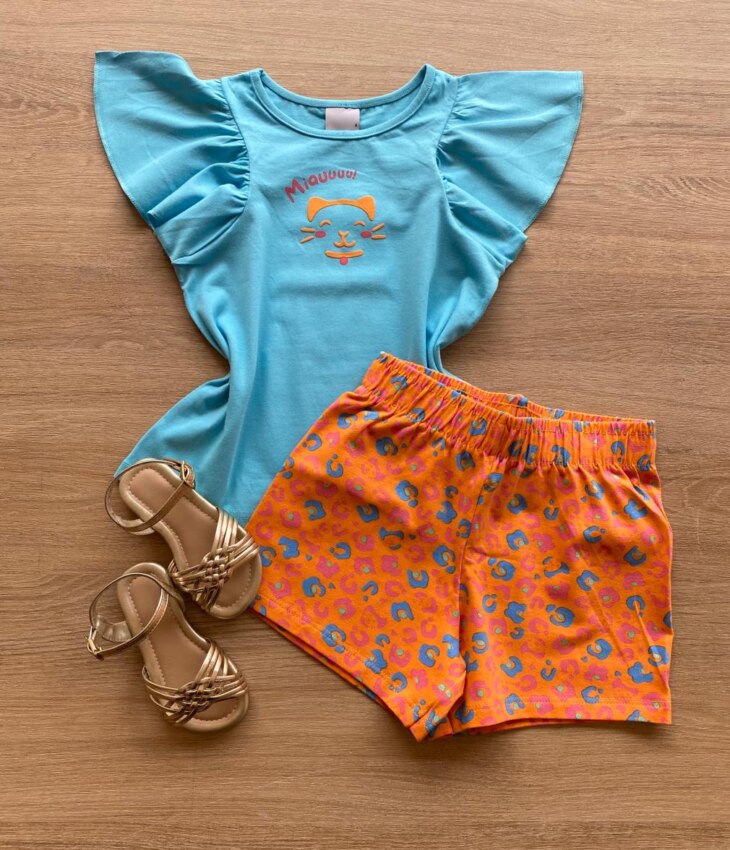 Conjunto Infantil Feminino Blusa Azul e Short Laranja Estampado Fernanda Ramos Kids