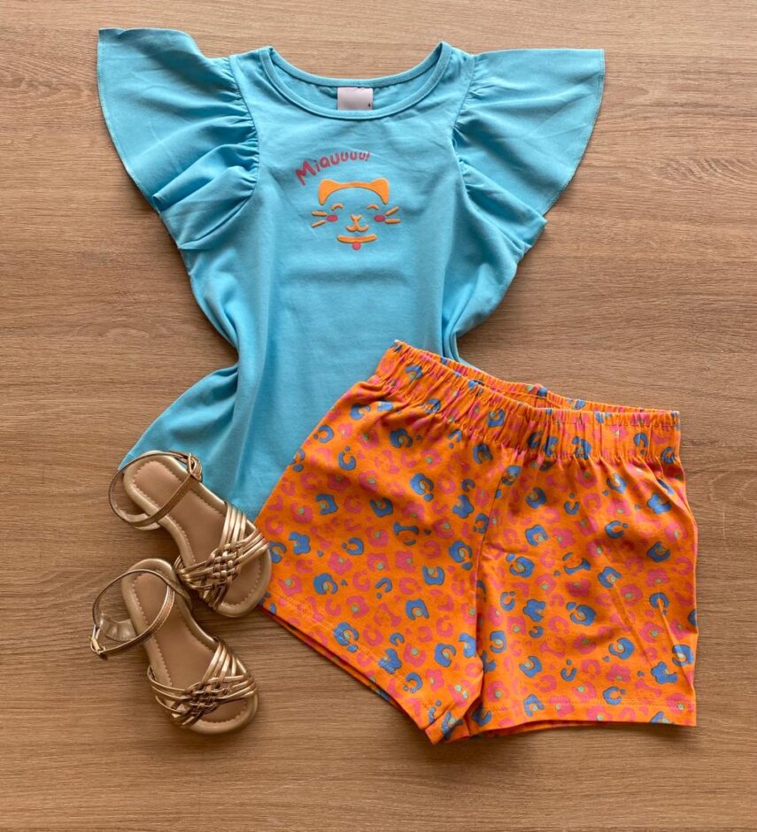 Conjunto Infantil Feminino Blusa Azul e Short Laranja Estampado Fernanda Ramos Kids