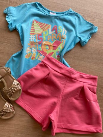 fernandaramoskids com br Conjunto Infantil Feminino Blusa Azul Splash e Short Rosa1