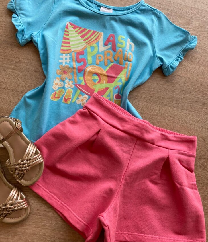 fernandaramoskids com br Conjunto Infantil Feminino Blusa Azul Splash e Short Rosa1