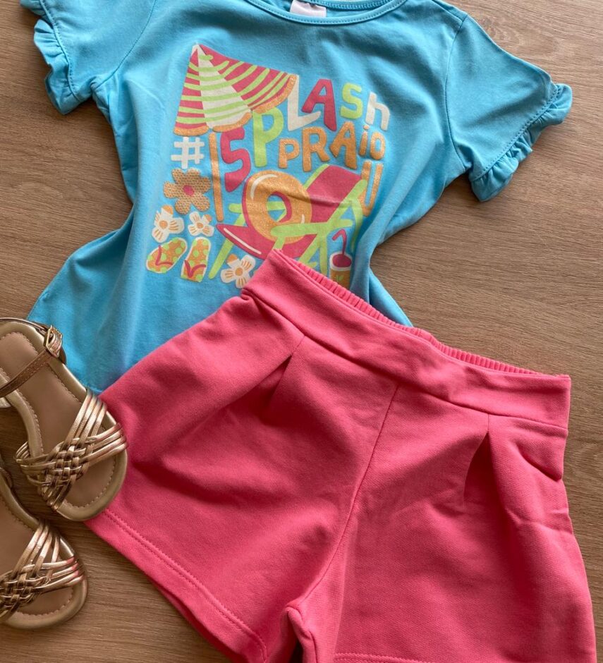 fernandaramoskids com br Conjunto Infantil Feminino Blusa Azul Splash e Short Rosa1
