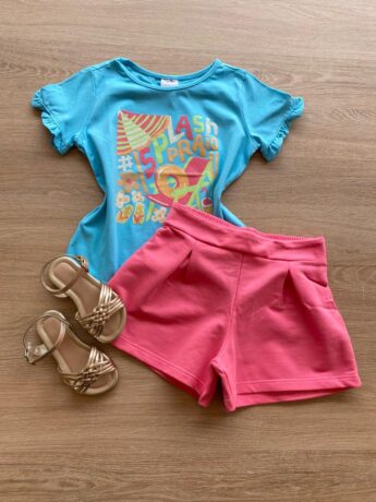 Conjunto Infantil Feminino Blusa Azul Splash e Short Rosa Fernanda Ramos Kids