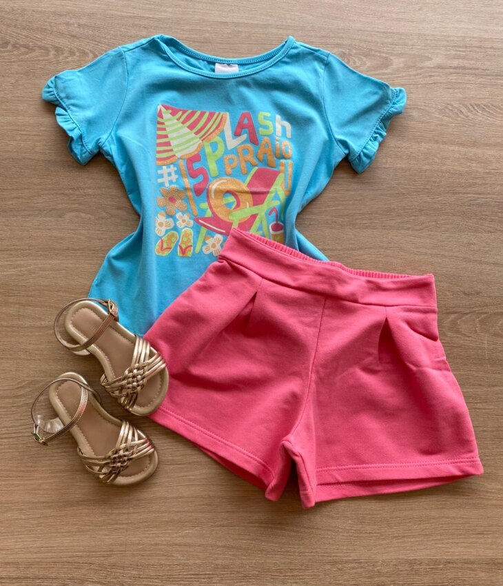 Conjunto Infantil Feminino Blusa Azul Splash e Short Rosa Fernanda Ramos Kids
