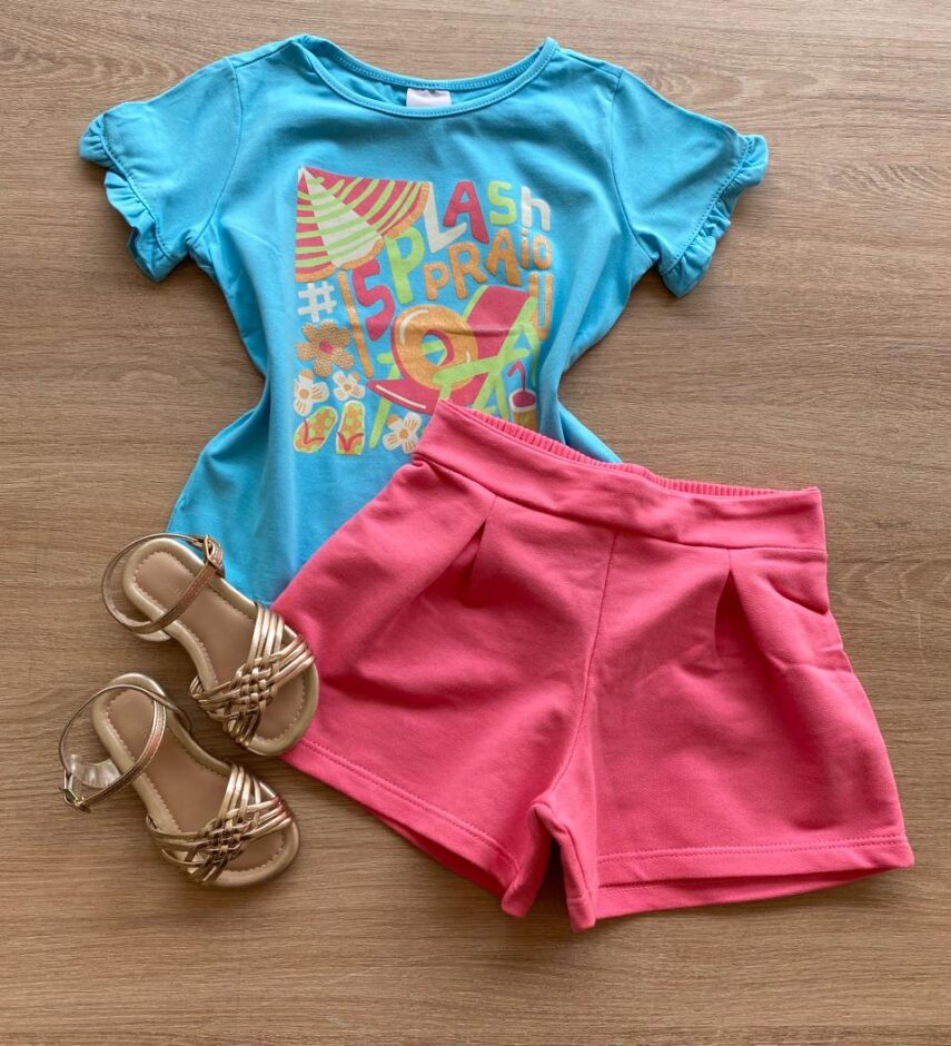 Conjunto Infantil Feminino Blusa Azul Splash e Short Rosa Fernanda Ramos Kids