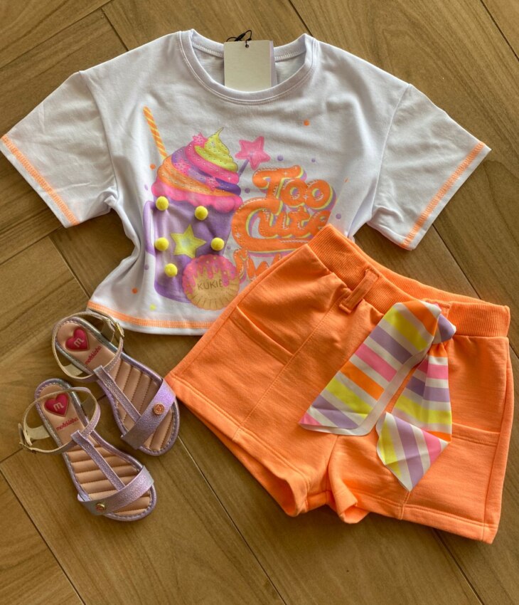 Conjunto Infantil Feminino Blusa Boxy Over e Short Laranja Neon Fernanda Ramos Kids