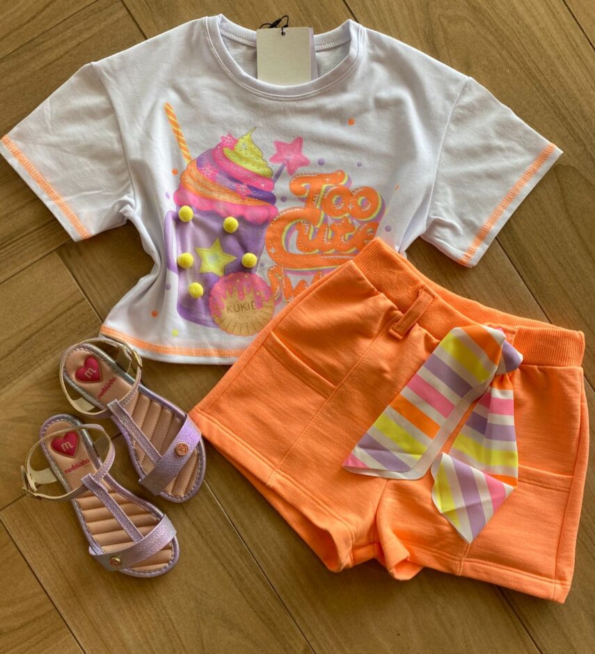 Conjunto Infantil Feminino Blusa Boxy Over e Short Laranja Neon Fernanda Ramos Kids