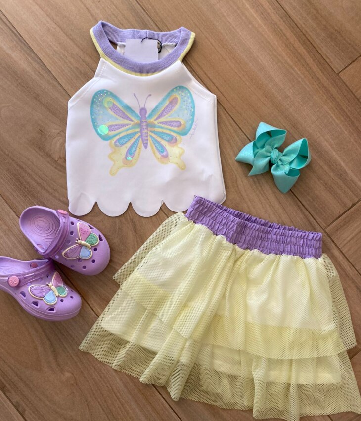 Conjunto Infantil Feminino Blusa Cropped e Saia Verde Lima Fernanda Ramos Kids