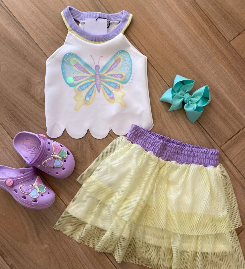 Conjunto Infantil Feminino Blusa Cropped e Saia Verde Lima Fernanda Ramos Kids