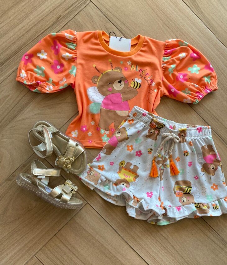 Conjunto Infantil Feminino Blusa Cropped e Short de Ursinho Fernanda Ramos Kids