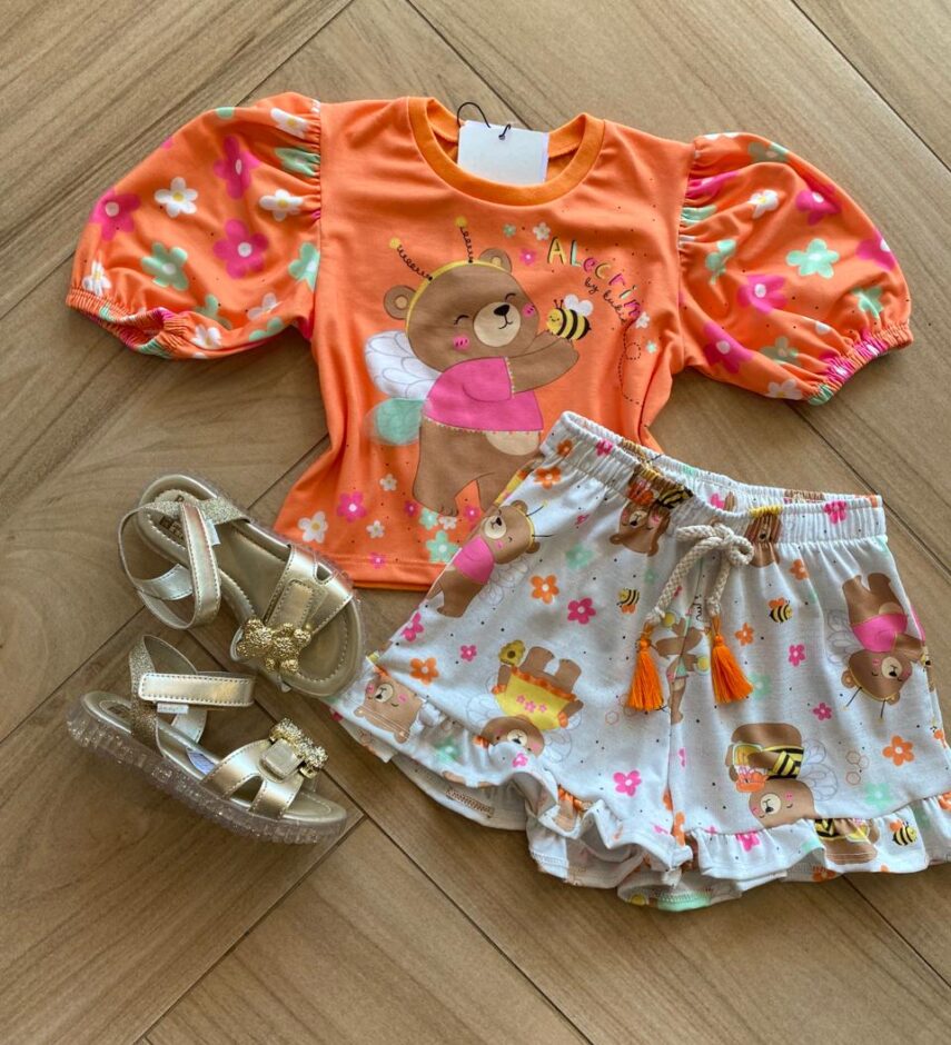 Conjunto Infantil Feminino Blusa Cropped e Short de Ursinho Fernanda Ramos Kids