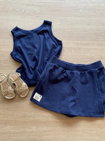 Conjunto Infantil Feminino Blusa Cropped e Short Saia Azul Marinho Fernanda Ramos Kids