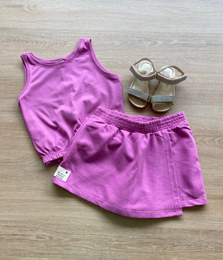 Conjunto Infantil Feminino Blusa Cropped e Short Saia Lilás Fernanda Ramos Kids