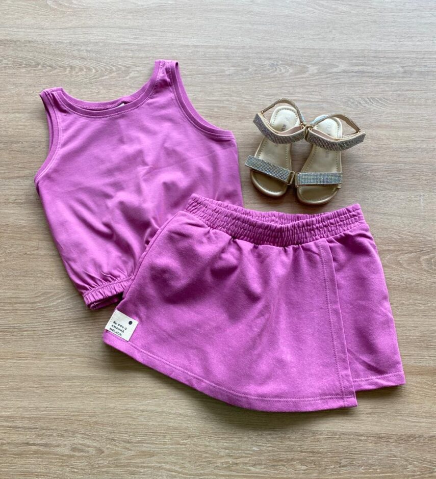 Conjunto Infantil Feminino Blusa Cropped e Short Saia Lilás Fernanda Ramos Kids