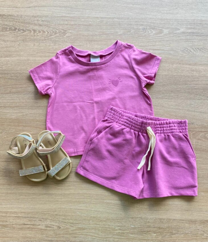 Conjunto Infantil Feminino Blusa Cropped Manga Curta e Short Lilás Fernanda Ramos Kids