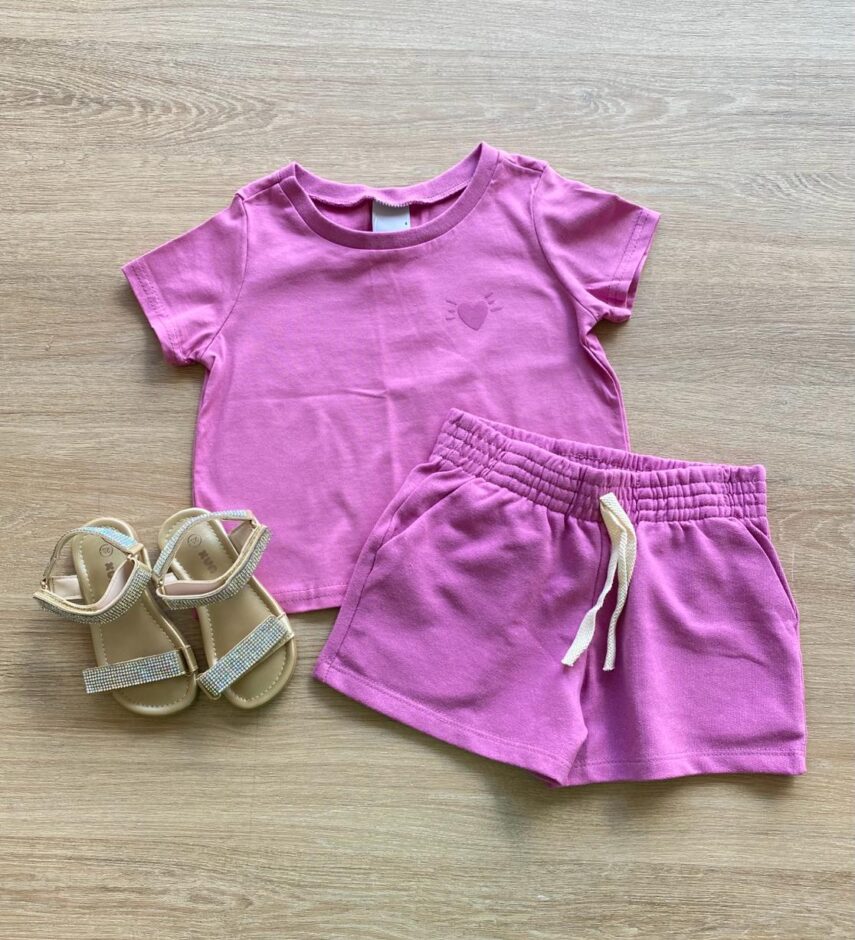 Conjunto Infantil Feminino Blusa Cropped Manga Curta e Short Lilás Fernanda Ramos Kids