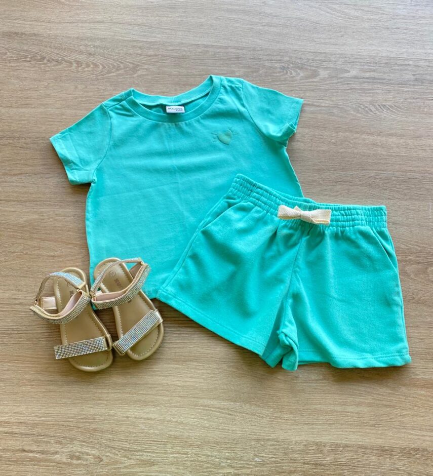 Conjunto Infantil Feminino Blusa Cropped Manga Curta e Short Verde Fernanda Ramos Kids