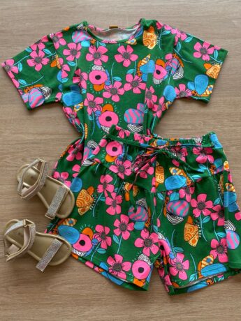 Conjunto Infantil Feminino Blusa e Short em Cotton Estampa Floral Fernanda Ramos Kids