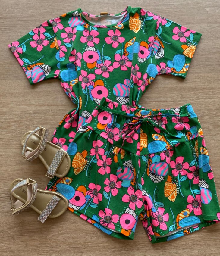 Conjunto Infantil Feminino Blusa e Short em Cotton Estampa Floral Fernanda Ramos Kids