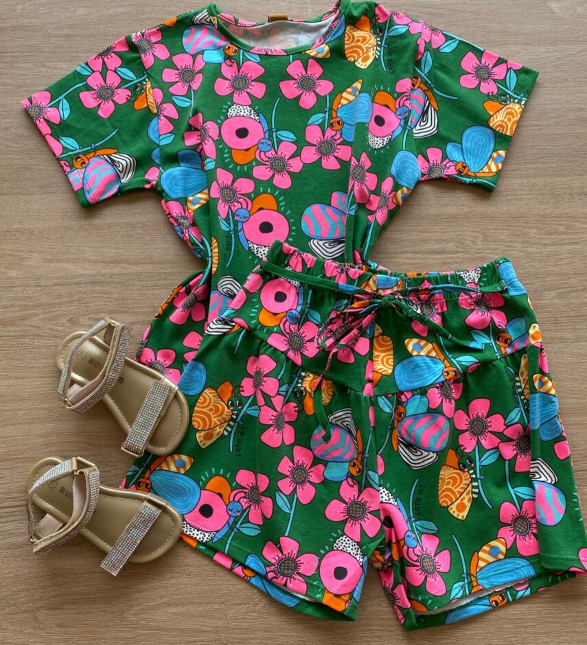 Conjunto Infantil Feminino Blusa e Short em Cotton Estampa Floral Fernanda Ramos Kids