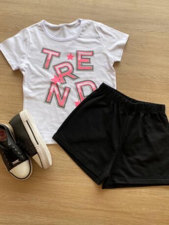 Conjunto Infantil Feminino Blusa Branca Trend e Short Preto Fernanda Ramos Kids