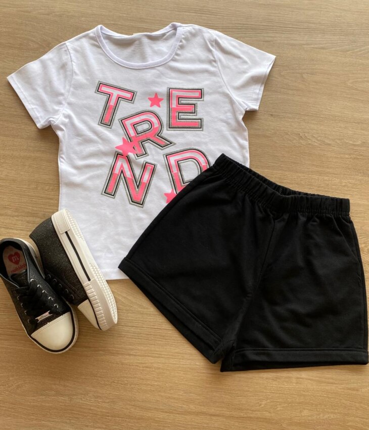 Conjunto Infantil Feminino Blusa Branca Trend e Short Preto Fernanda Ramos Kids