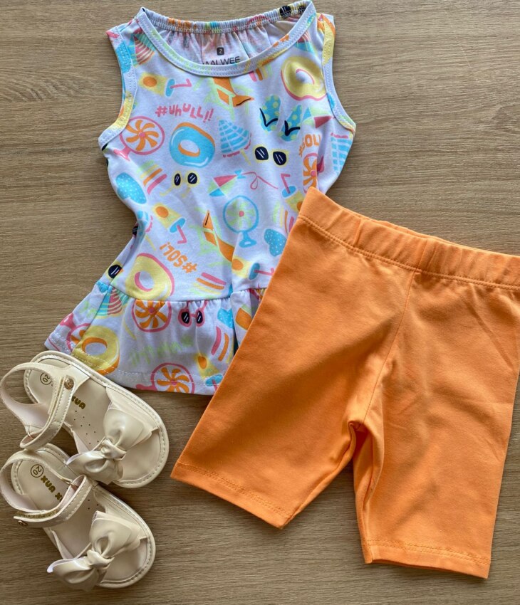 fernandaramoskids com br Conjunto Infantil Feminino Blusa Estampada e Bermuda Laranja1