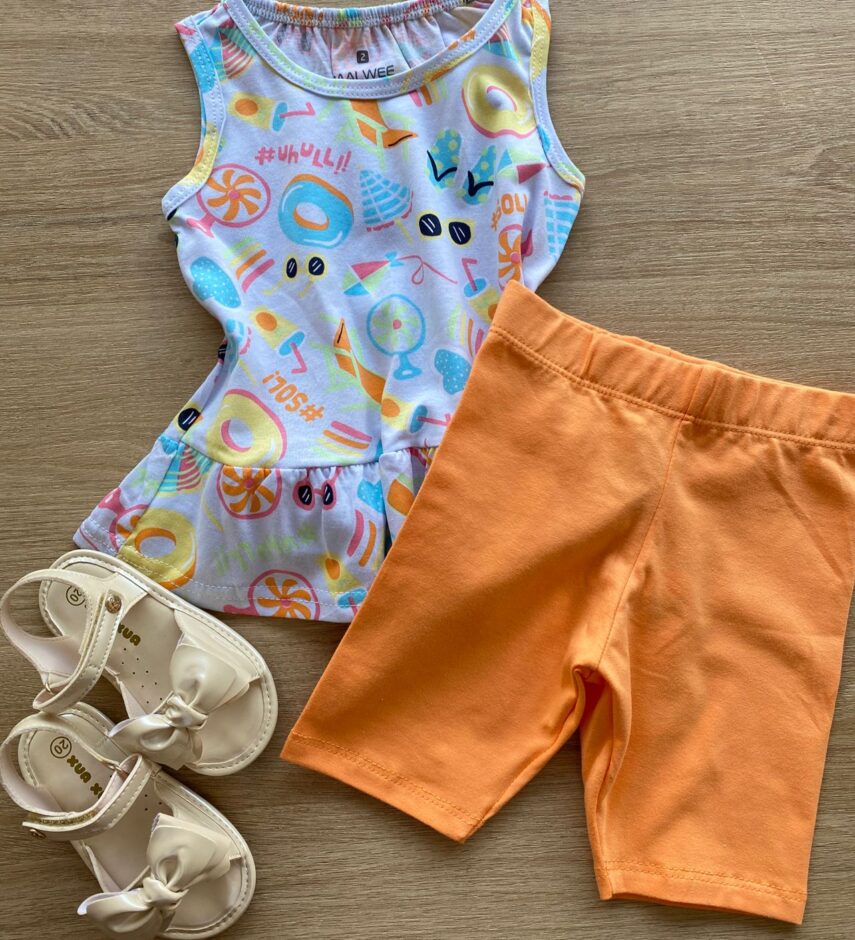 fernandaramoskids com br Conjunto Infantil Feminino Blusa Estampada e Bermuda Laranja1