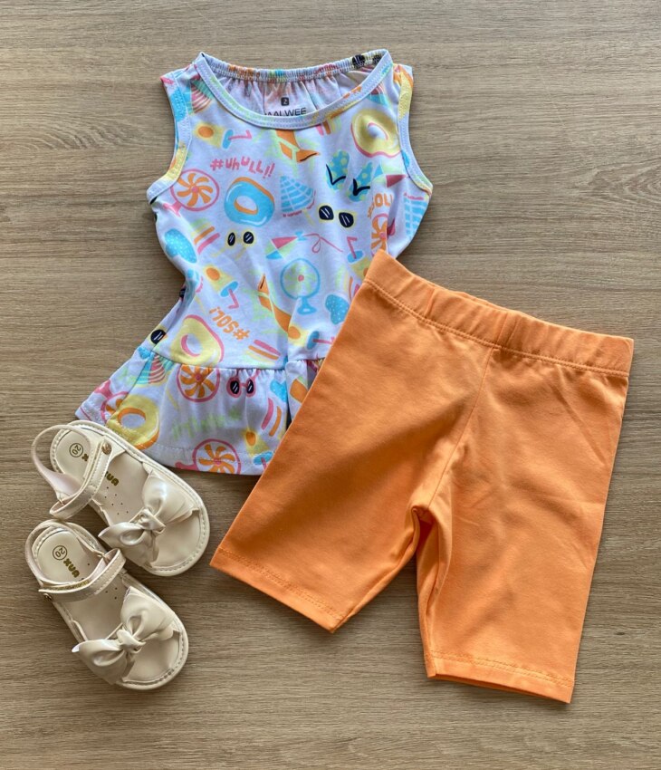 Conjunto Infantil Feminino Blusa Estampada e Bermuda Laranja Fernanda Ramos Kids