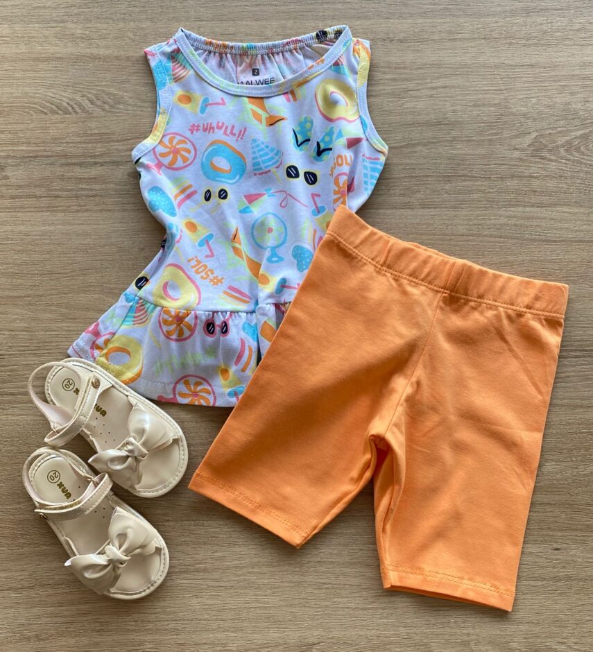 Conjunto Infantil Feminino Blusa Estampada e Bermuda Laranja Fernanda Ramos Kids