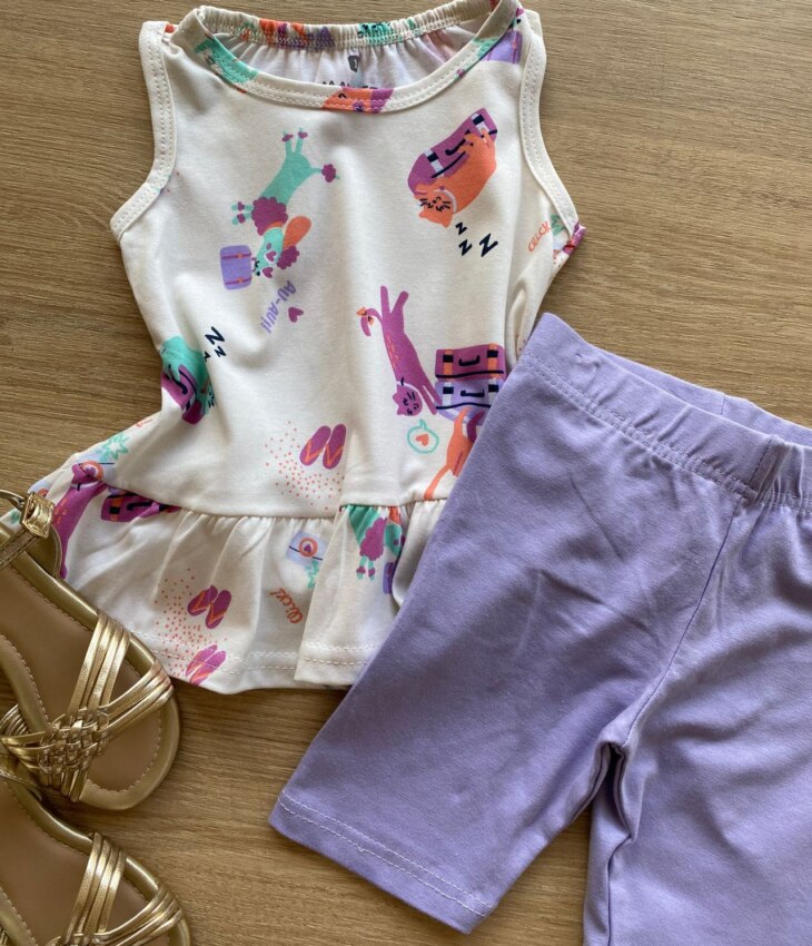fernandaramoskids com br Conjunto Infantil Feminino Blusa Estampada e Bermuda Lilás1