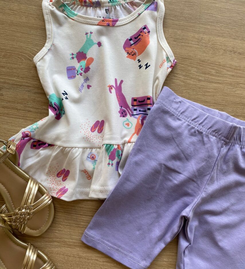 fernandaramoskids com br Conjunto Infantil Feminino Blusa Estampada e Bermuda Lilás1