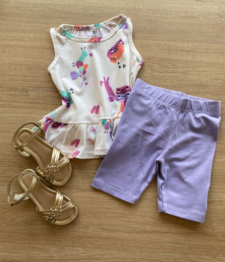Conjunto Infantil Feminino Blusa Estampada e Bermuda Lilás Fernanda Ramos Kids