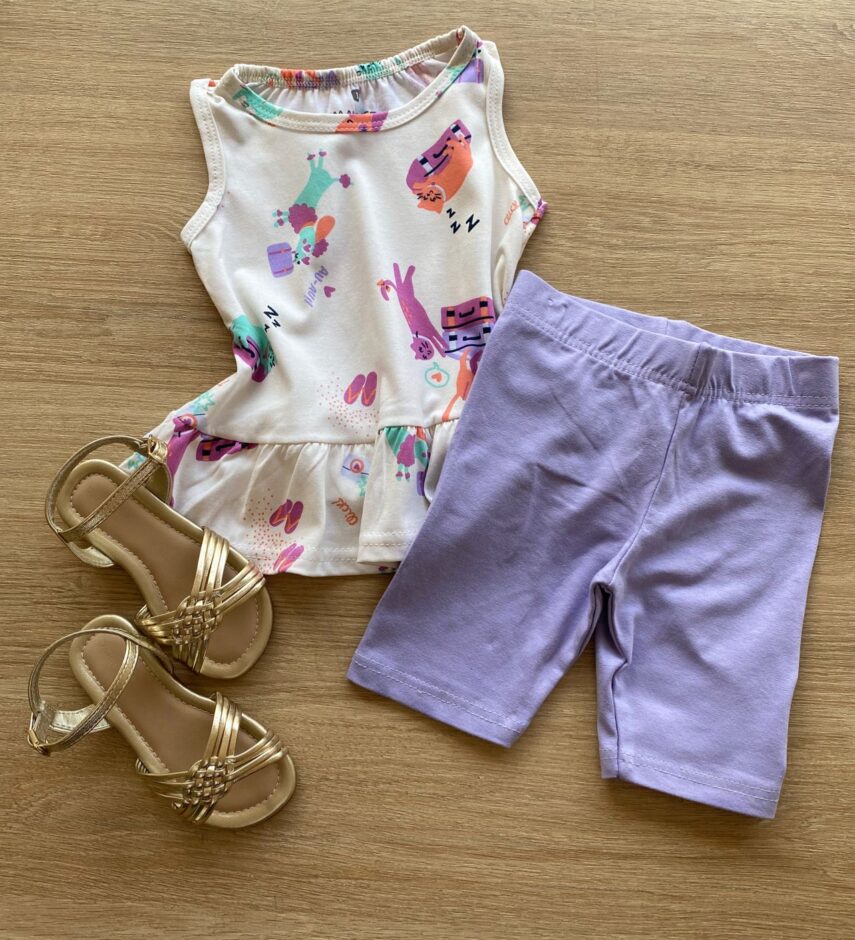 Conjunto Infantil Feminino Blusa Estampada e Bermuda Lilás Fernanda Ramos Kids