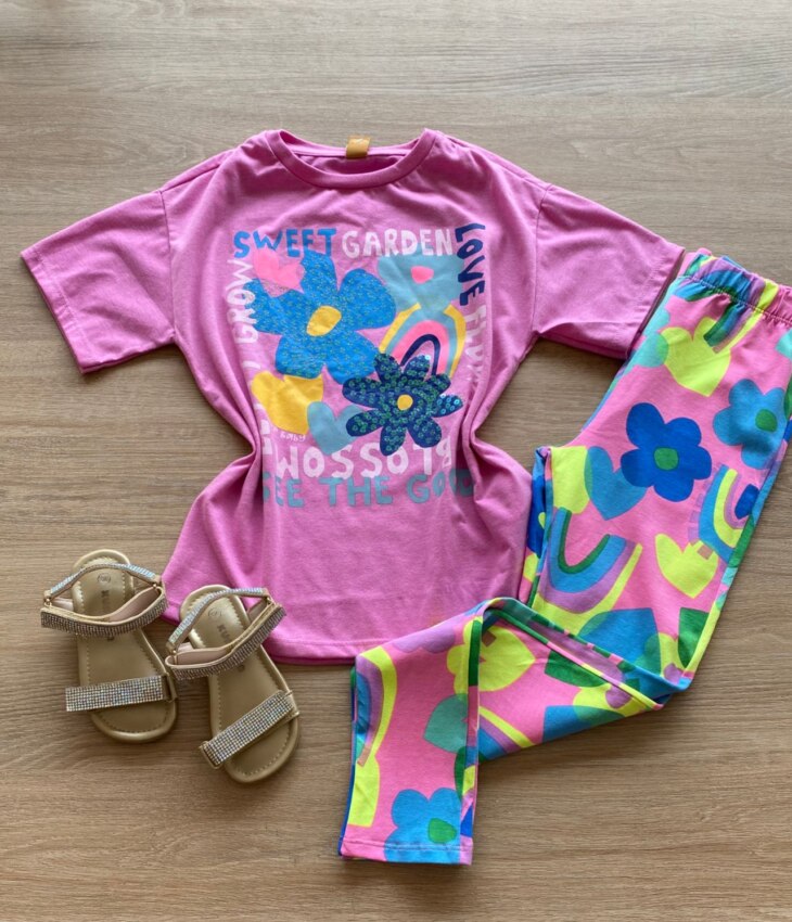 Conjunto Infantil Feminino Blusa Lilás e Calça Legging Estampada Fernanda Ramos Kids