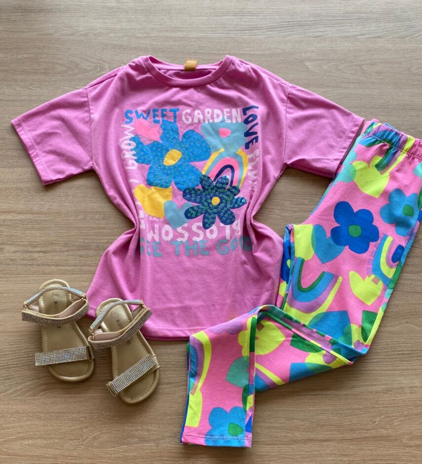 Conjunto Infantil Feminino Blusa Lilás e Calça Legging Estampada Fernanda Ramos Kids