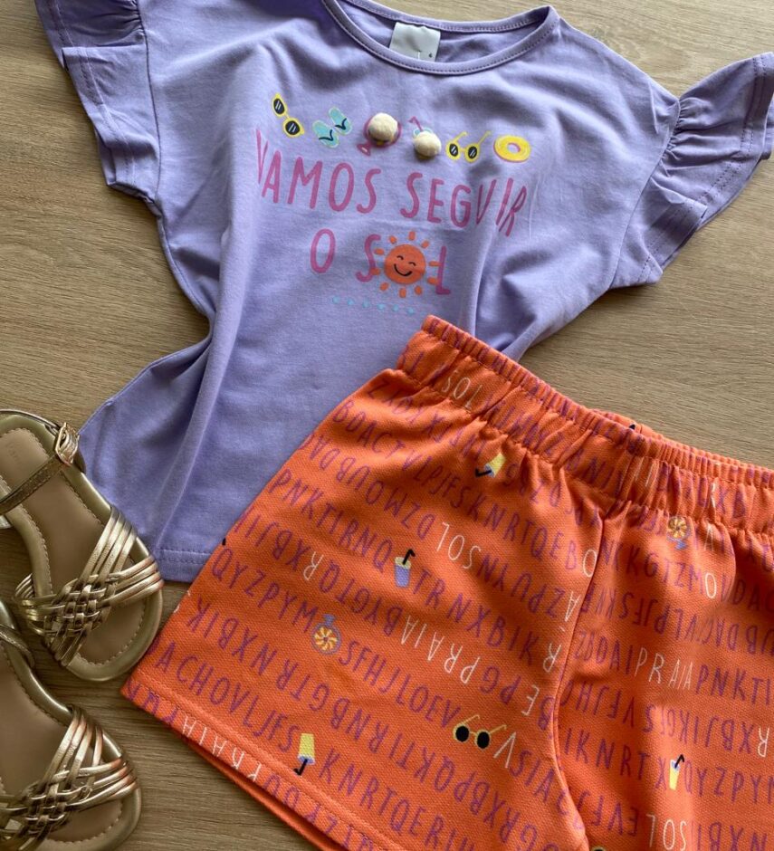 fernandaramoskids com br Conjunto Infantil Feminino Blusa Lilás e Short Salmão Estampado1