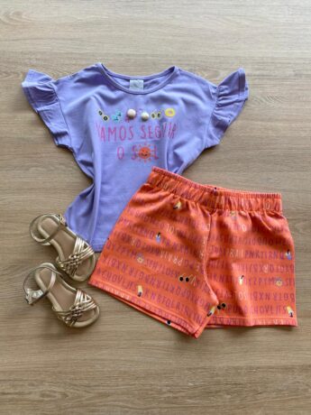 Conjunto Infantil Feminino Blusa Lilás e Short Salmão Estampado Fernanda Ramos Kids