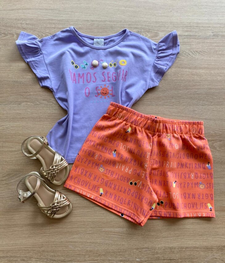 Conjunto Infantil Feminino Blusa Lilás e Short Salmão Estampado Fernanda Ramos Kids