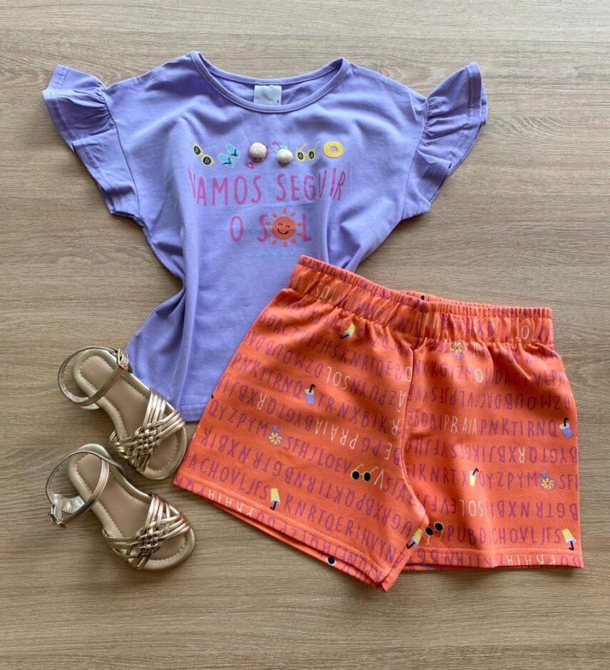 Conjunto Infantil Feminino Blusa Lilás e Short Salmão Estampado Fernanda Ramos Kids