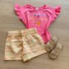 Conjunto Infantil Feminino Blusa Rosa com Pompom e Short Estampado Fernanda Ramos Kids